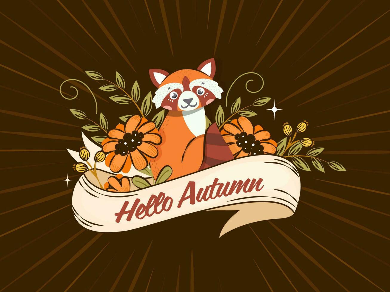Hallo Herbst Text Band mit Karikatur Waschbär, Blumen und Blätter auf braun Strahlen Hintergrund. vektor