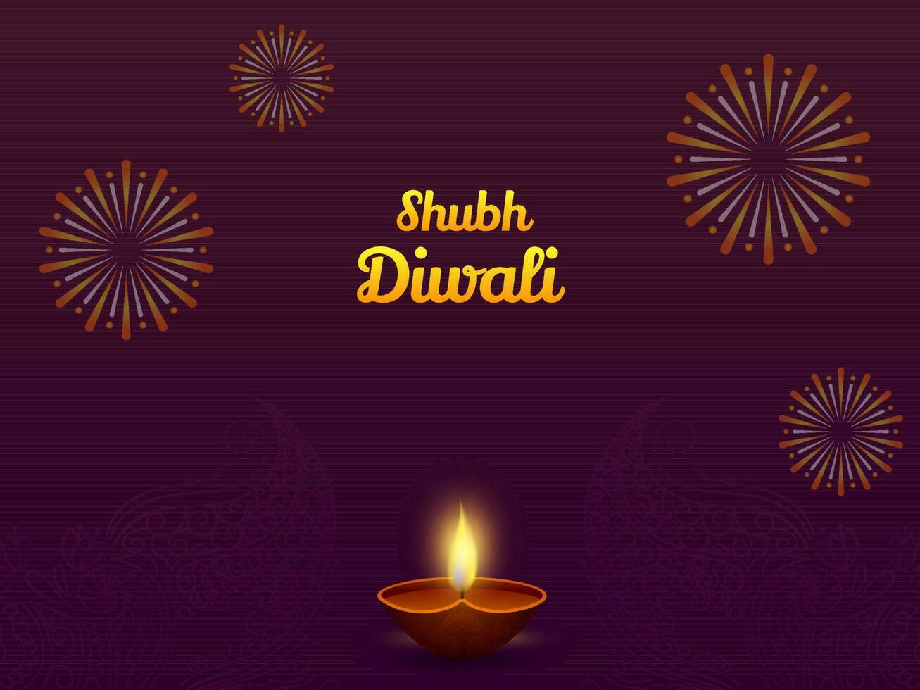 golden glücklich Diwali Schriftart mit zündete realistisch Öl Lampe und Feuerwerk auf lila Paisley Muster Hintergrund. vektor