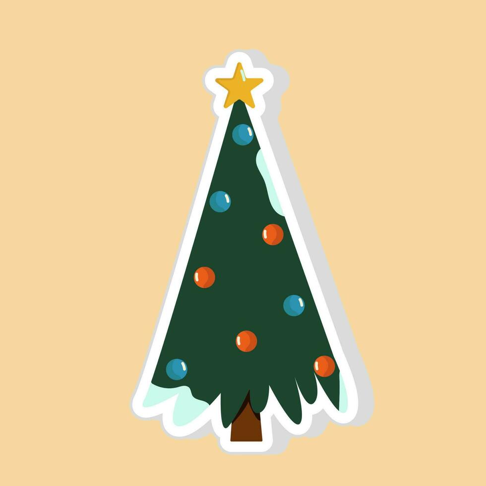 isolerat dekorerad jul träd klistermärke eller ikon i platt stil. vektor
