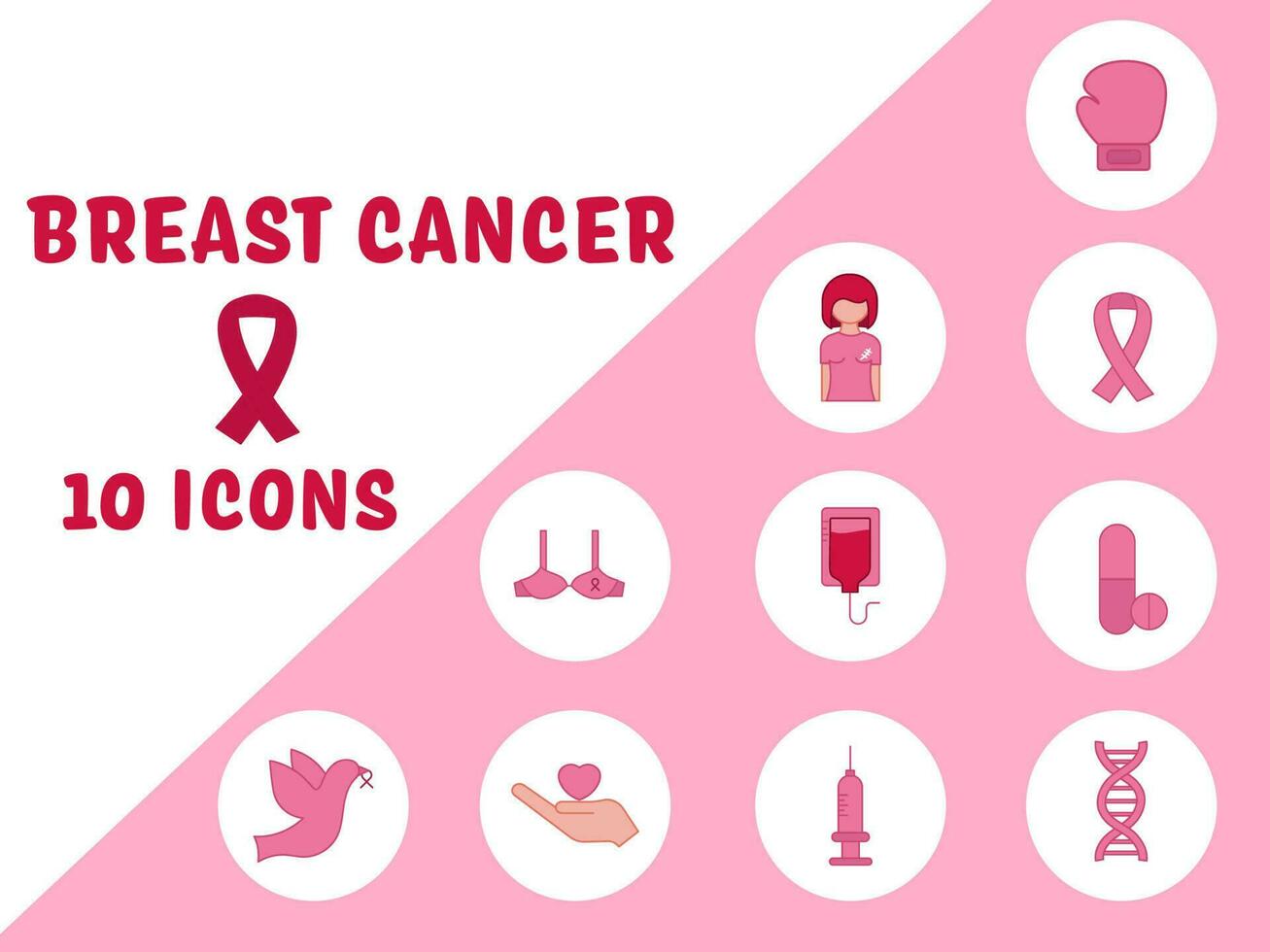 platt stil bröst cancer 10 ikoner mot vit och rosa abstrakt cirklar bakgrund. vektor