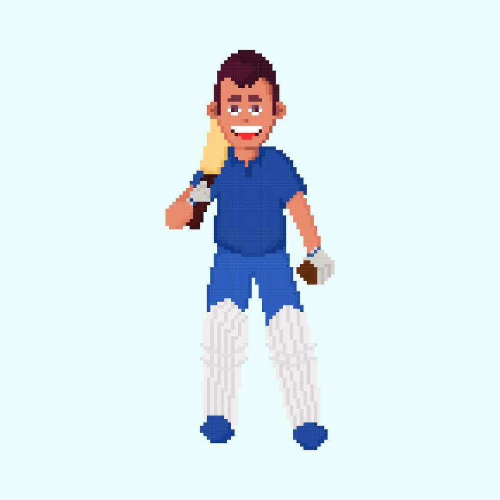 Pixel bewirken Porträt von Kricket Schlagmann halten Schläger und Ball Über Pastell- Blau Hintergrund. vektor
