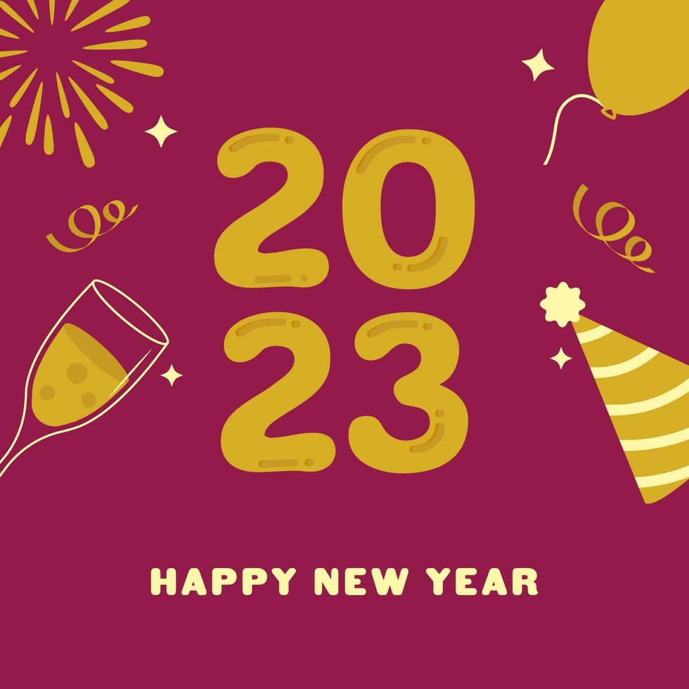 2023 glücklich Neu Jahr Schriftart mit eben Party Hut, Ballon, Champagner Glas und Feuerwerk auf Rosa Hintergrund. vektor