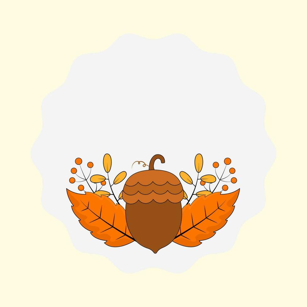 eben Eicheln mit Beere, Herbst Blätter dekorativ Weiß Kreis Rahmen auf kosmisch Latté Hintergrund. vektor