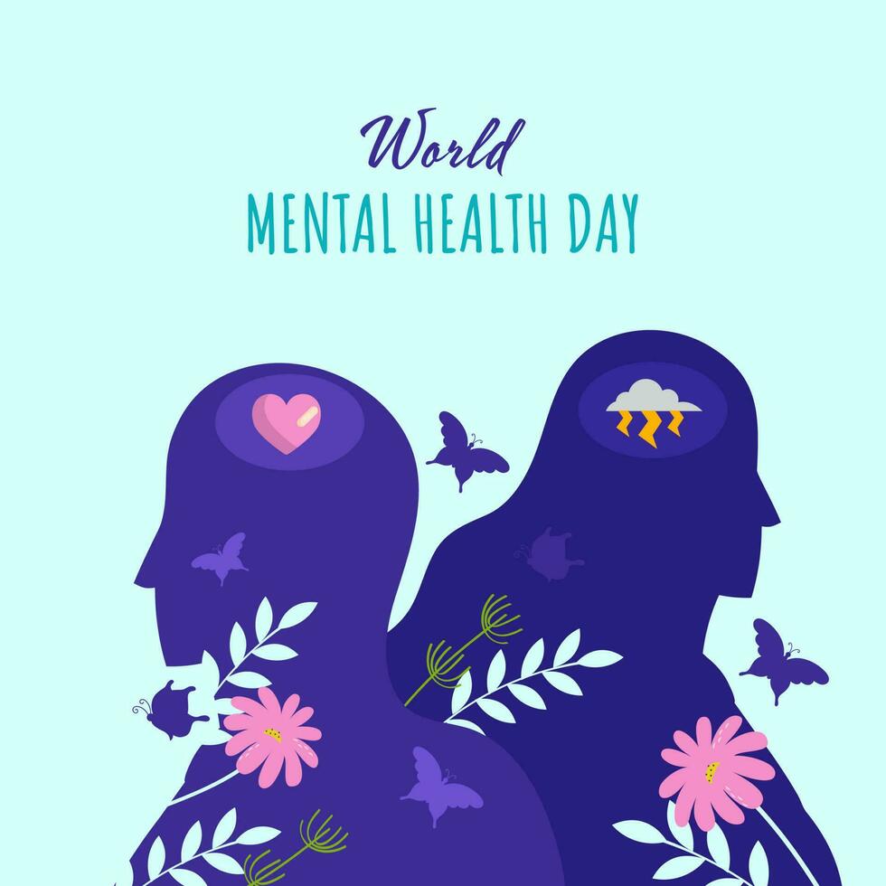 värld mental hälsa dag begrepp med silhuett man och kvinna, fjärilar, blommor, löv på blå bakgrund. vektor