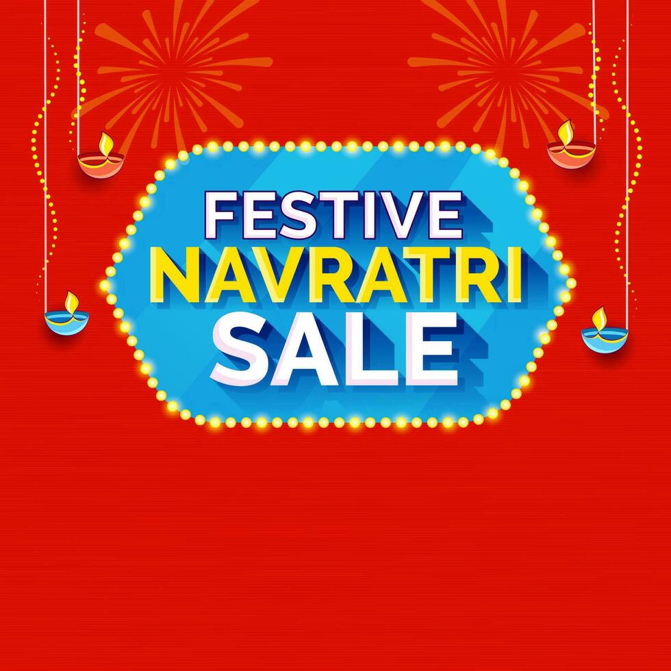 navratri Festival Verkauf Poster Design mit zündete Öl Lampen, Feuerwerk auf Blau und dunkel Orange Hintergrund. vektor