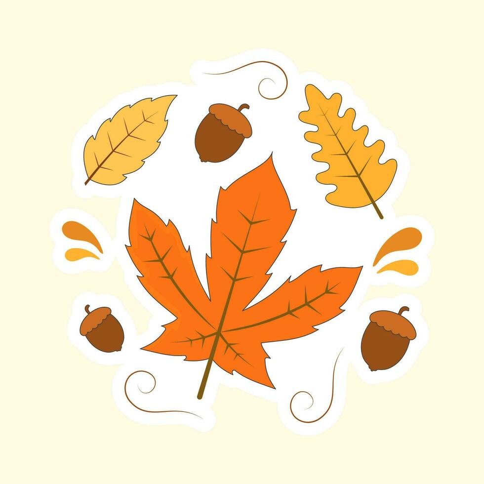 platt illustration av ekollon med höst löv dekorerad bakgrund. vektor