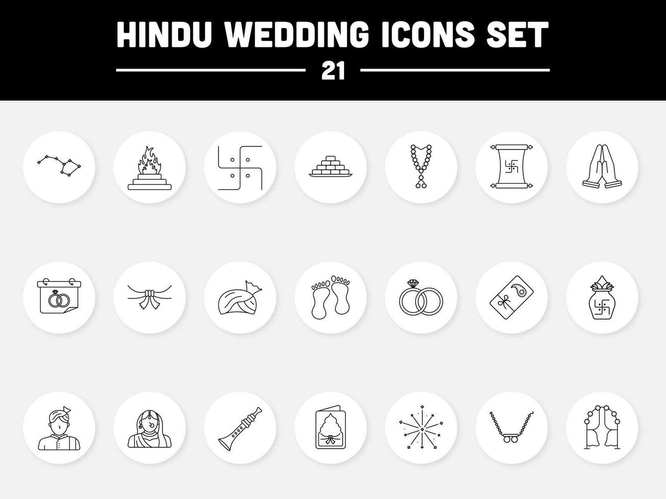 svart linje konst uppsättning av hindu bröllop ikoner i runda bakgrund. vektor