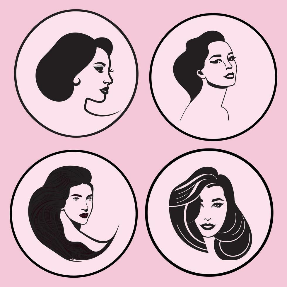Mode Konzept mit schön Frauen Gesicht und Haar, Logo Symbol Vektor Illustration