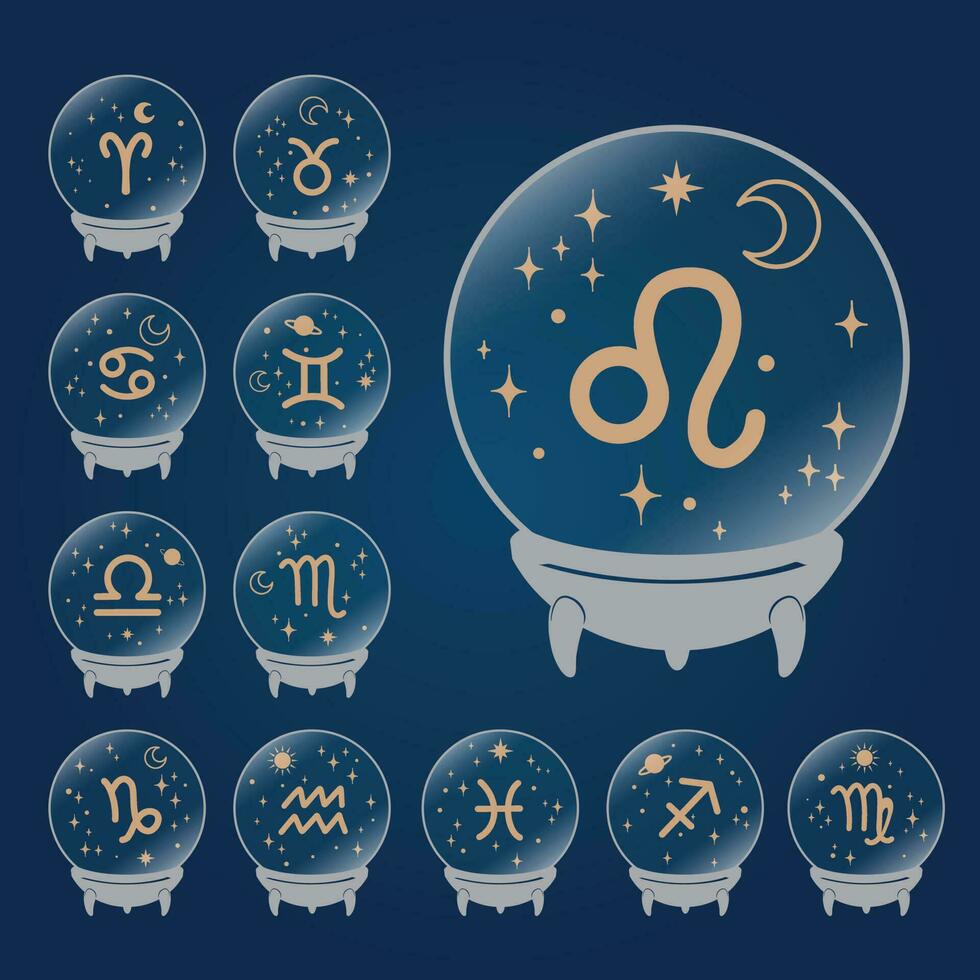Tierkreis Zeichen hinter Kristall Ball umgeben durch Sterne und Mond. Vermögen Erzähler. auf Blau Hintergrund vektor