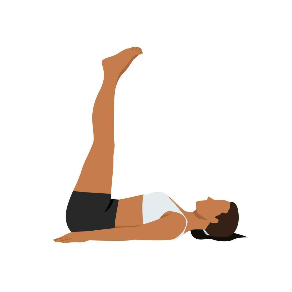 kvinna håller på med yoga i halv plog utgör vektor. flicka liggande på de golv och lyft två ben upp i de luft. platt vektor