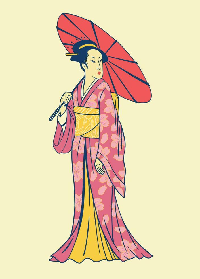 Hand Zeichnung von japanisch Frauen im Kimono vektor