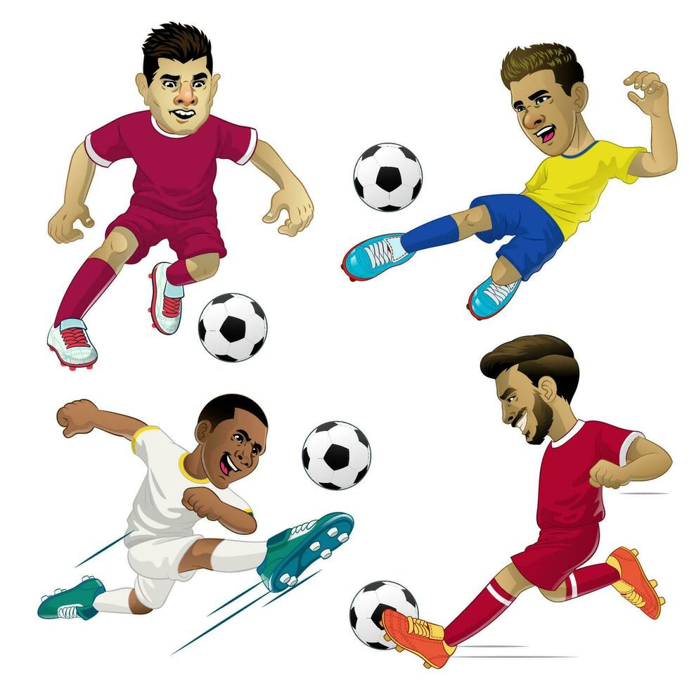 uppsättning tecknad serie fotboll spelare i olika utgör vektor
