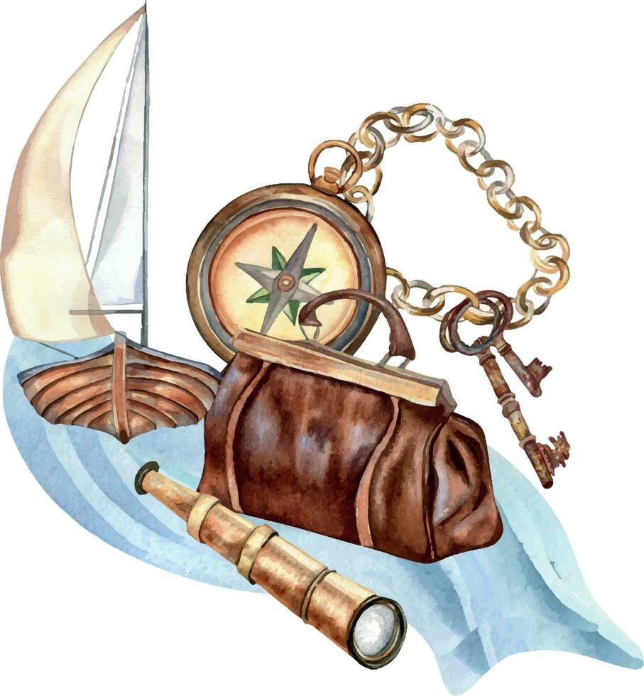 Komposition von Abenteuer Artikel Jahrgang Stil Aquarell Illustration isoliert auf Weiß. Kompass, Fernglas, Segelboot, Griff Tasche, Kette Hand gezeichnet. kindisch Design, Element zum Jungs drucken, Postkarte vektor