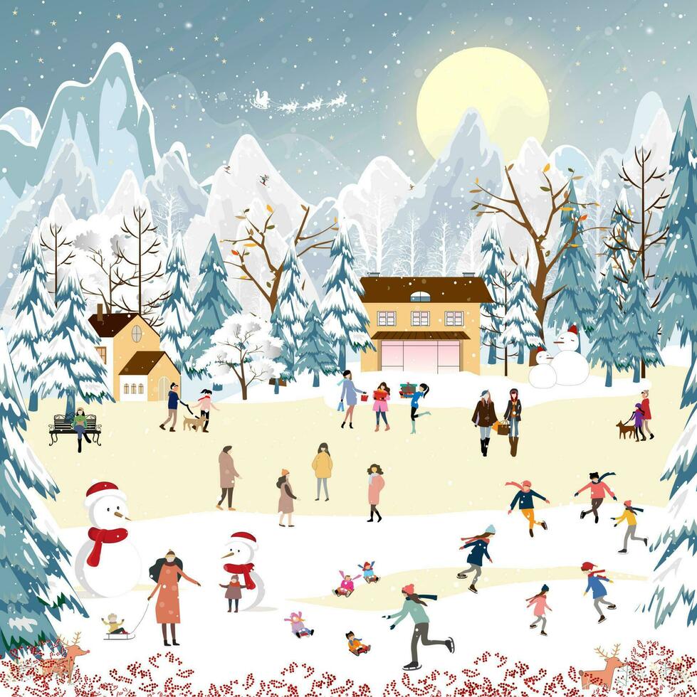Winter Landschaft mit Schnee auffallen Weihnachten Nacht im Dorf, Vektor Banner süß Winter Wunderland im das Stadt, Dorf mit glücklich Menschen Feier im das parken, fröhlich Weihnachten, neu Jahr 2024 Karte Hintergrund