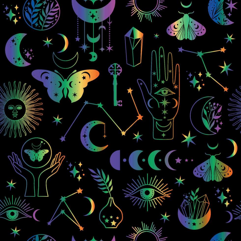 nahtlos Muster mystisch Mond Symbole Phasen und Frau Hände und Motte, Alchimie esoterisch Magie Raum, Vektor Neon- isoliert auf schwarz Hintergrund