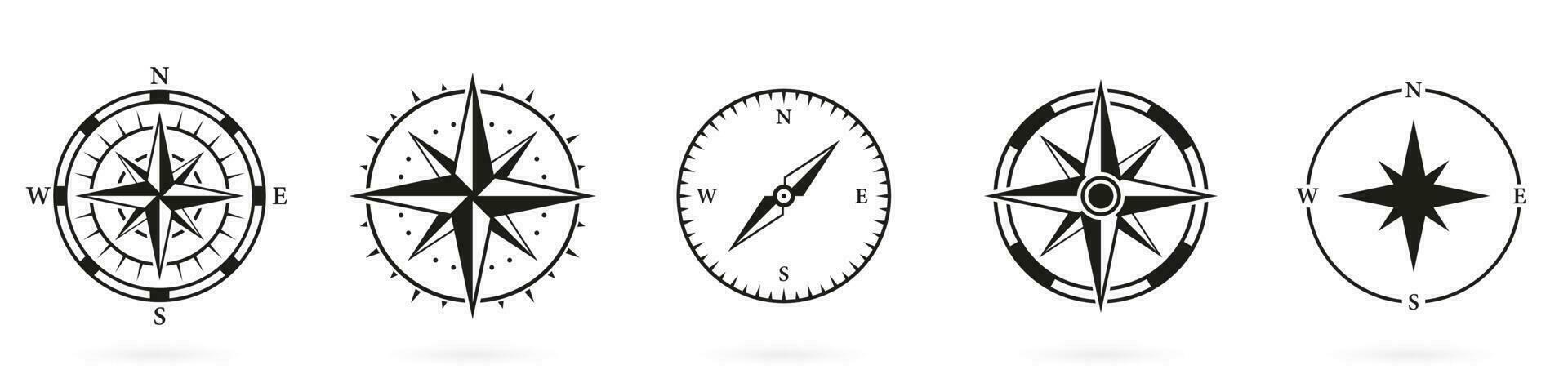 Kompass Silhouette Symbol einstellen auf Weiß Hintergrund. Navigation Richtung zu Norden, Süd, Westen, Osten Symbol. Rose Wind Glyphe Piktogramm. Navigation Ausrüstung solide unterzeichnen. isoliert Vektor Illustration.