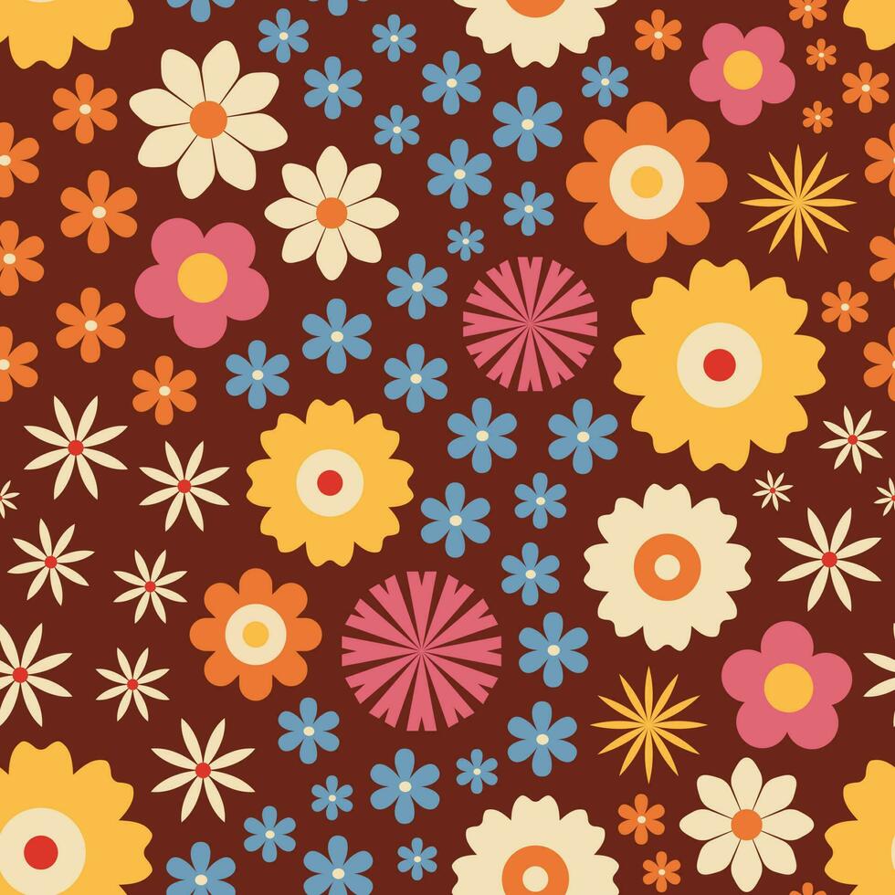 70er Jahre retro Blumen- nahtlos Muster. Digital Papier, Hintergrund. retro romantisch Blumen, Wiese, Sommer- Zeit. nostalgisch Jahrgang Ornament. vektor