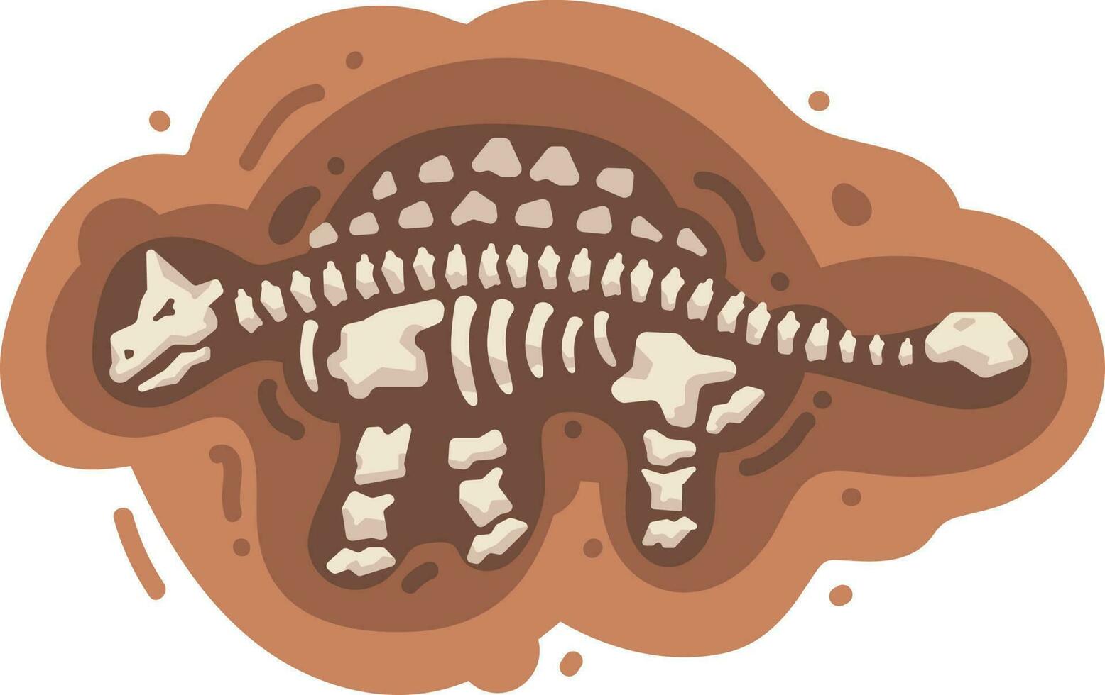 fossil dinosaurie skelett i brun lera. vektor illustration isolerat på vit bakgrund.