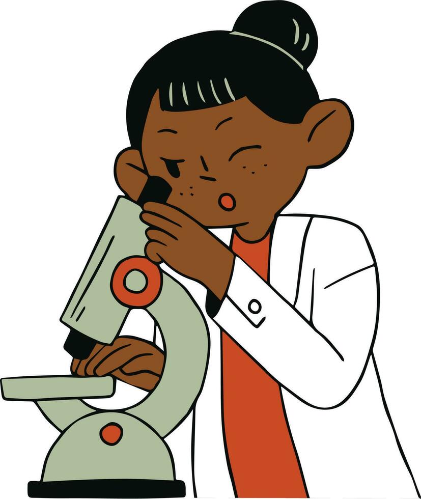afrikansk amerikan forskare använder sig av mikroskop. vektor illustration i tecknad serie stil.