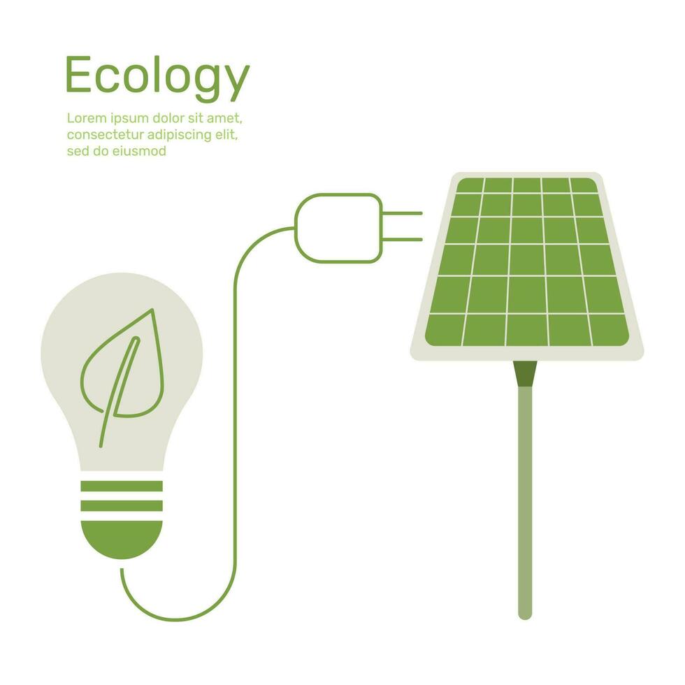 Blatt im Licht Birne mit Stecker zu Solar- Zelle, Ökologie Konzept Natur Erhaltung. Vektor Design Illustration.