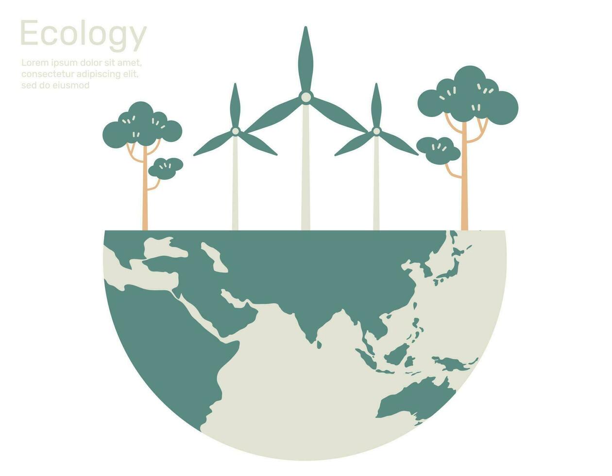 vind turbin och träd på jorden, grön stad liv ekologi begrepp. vektor design illustration.