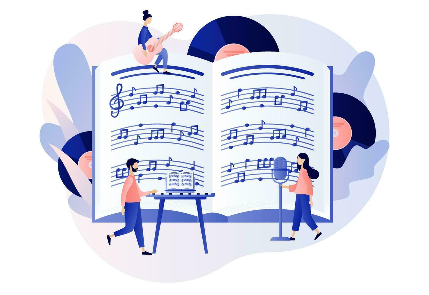 Musik- und Vokal Unterricht. winzig Musiker mit groß Musik- Notizbuch, Mikrofon, Gitarre, Klaviatur. online Bildung. modern eben Karikatur Stil. Vektor Illustration auf Weiß Hintergrund