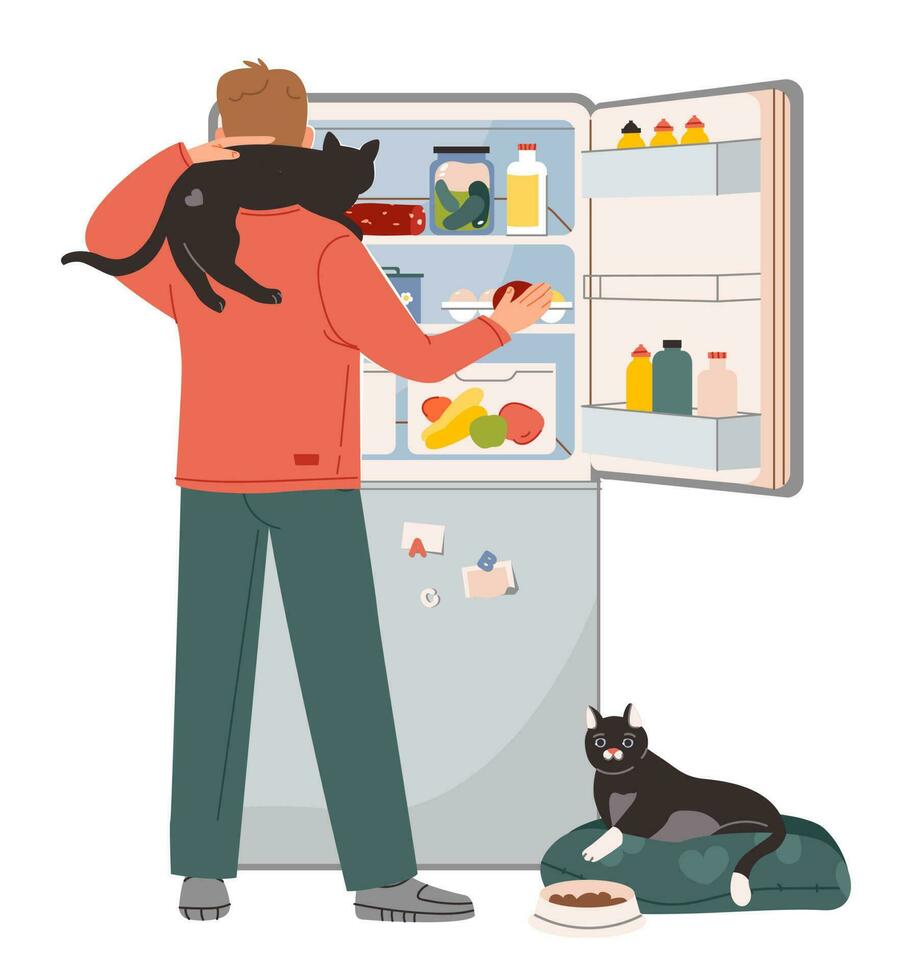 Haustier Eigentümer. das Mann geöffnet das Kühlschrank mit Essen und Einspeisungen das Katzen. hungrig Mann Überprüfung Kühlschrank mit Lebensmittel. eben Vektor Illustration.