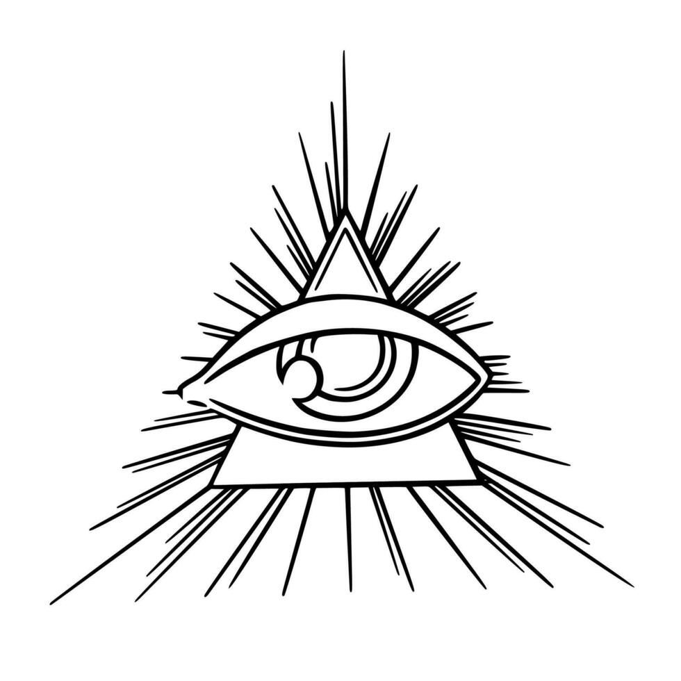 Illuminaten Auge von kostenlos Mason Geheimnis Gesellschaft. Tarot alle Sehen dritte Auge im Dreieck mit Strahlen. Vektor Illustration