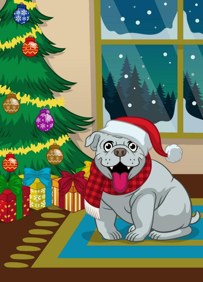 Bulldogge Haustier im das Wohnzimmer sitzt zu das Nächster von Weihnachten Baum vektor