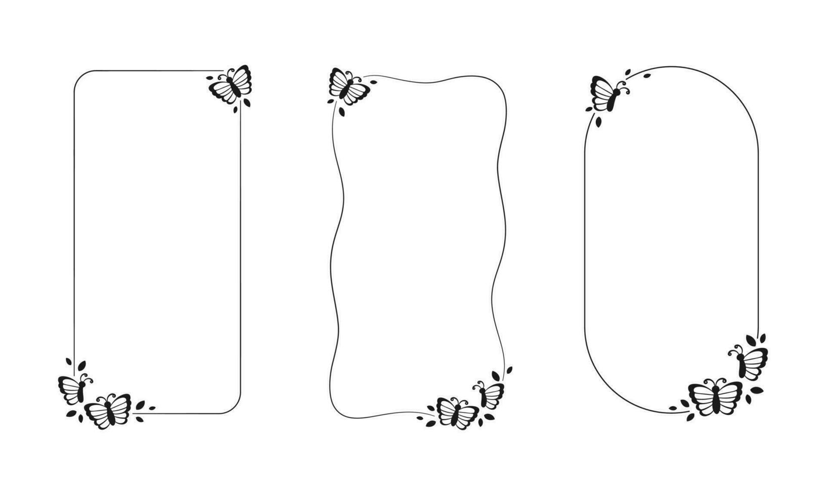 Vertikale Schmetterling Rahmen Silhouette Satz. Frühling Sommer- Rand Vektor Illustration.