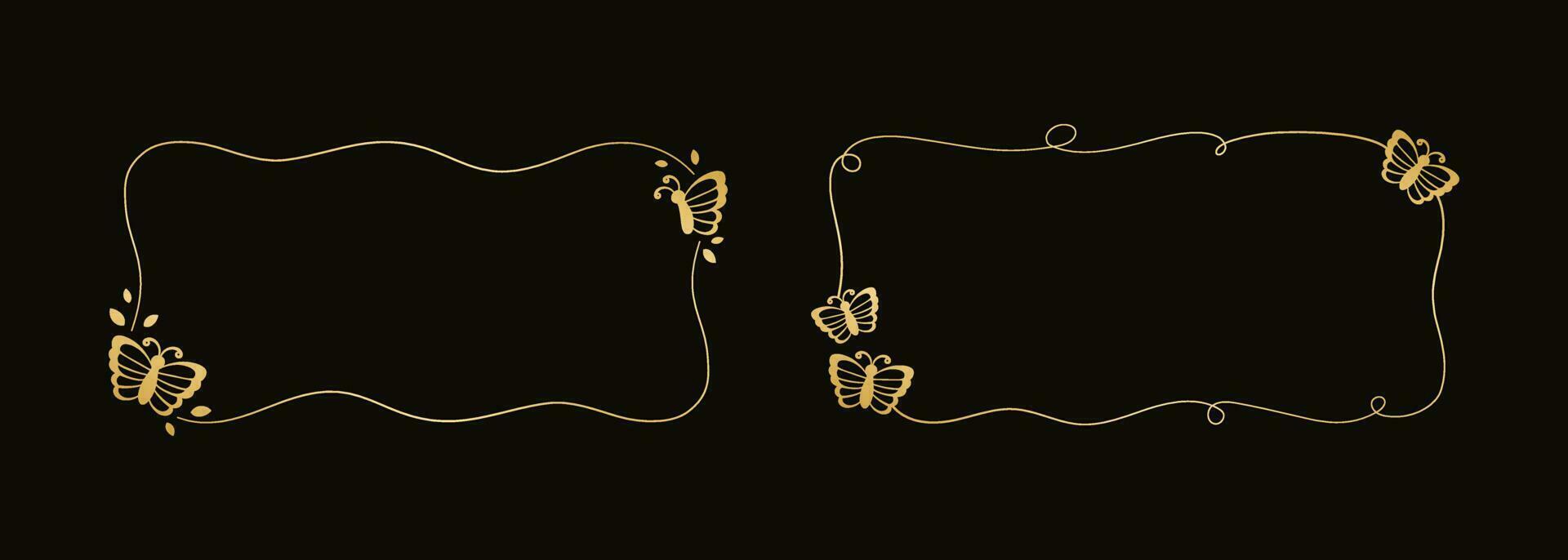 rechteckig Gold Rahmen mit Schmetterlinge Vektor Illustration. abstrakt golden Gekritzel Rand zum Frühling Sommer- elegant Design Elemente