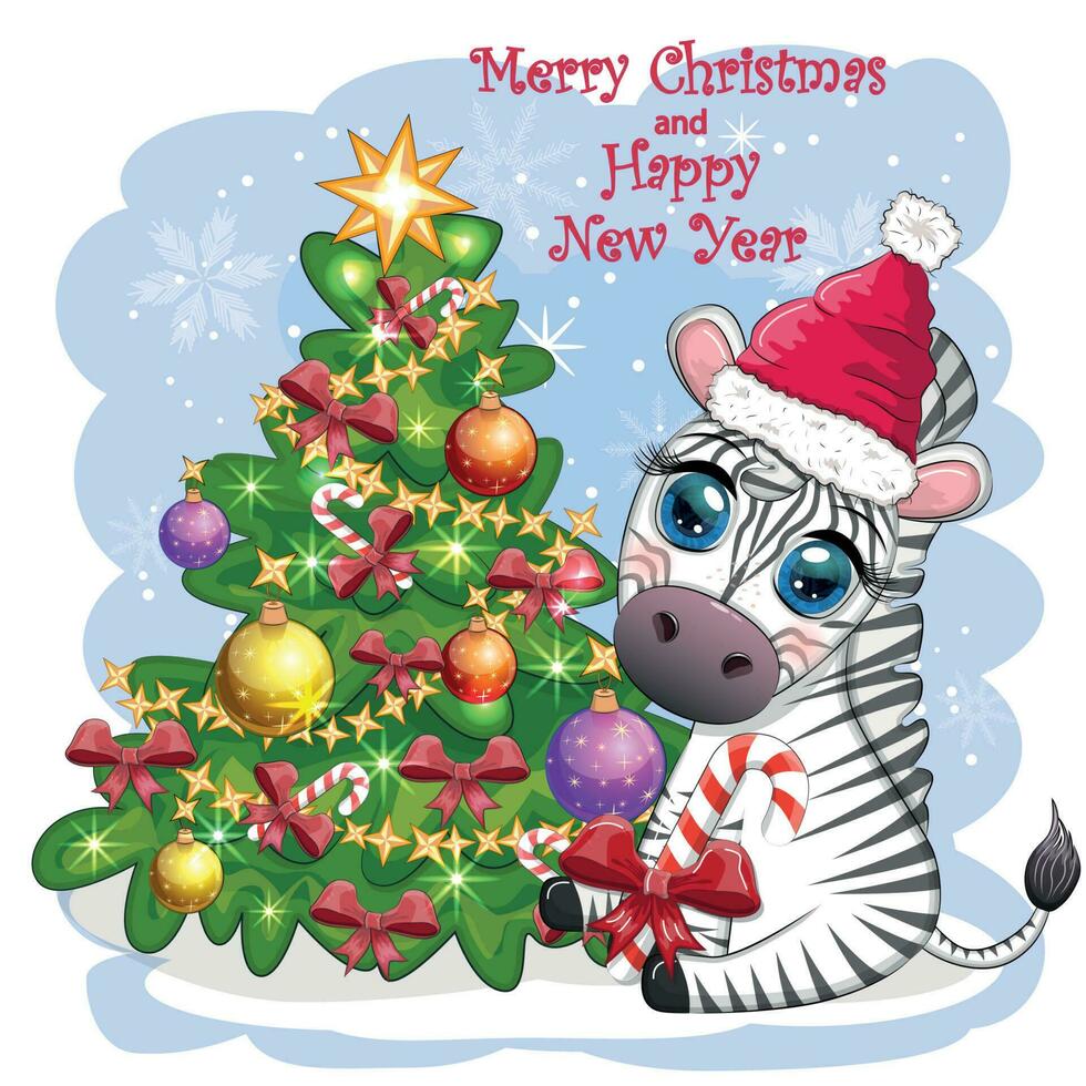fröhlich Weihnachten und glücklich Neu Jahr Gruß Karte mit süß Zebra im Santa Hut mit Weihnachten Ball, Süßigkeiten Kane, Geschenk vektor