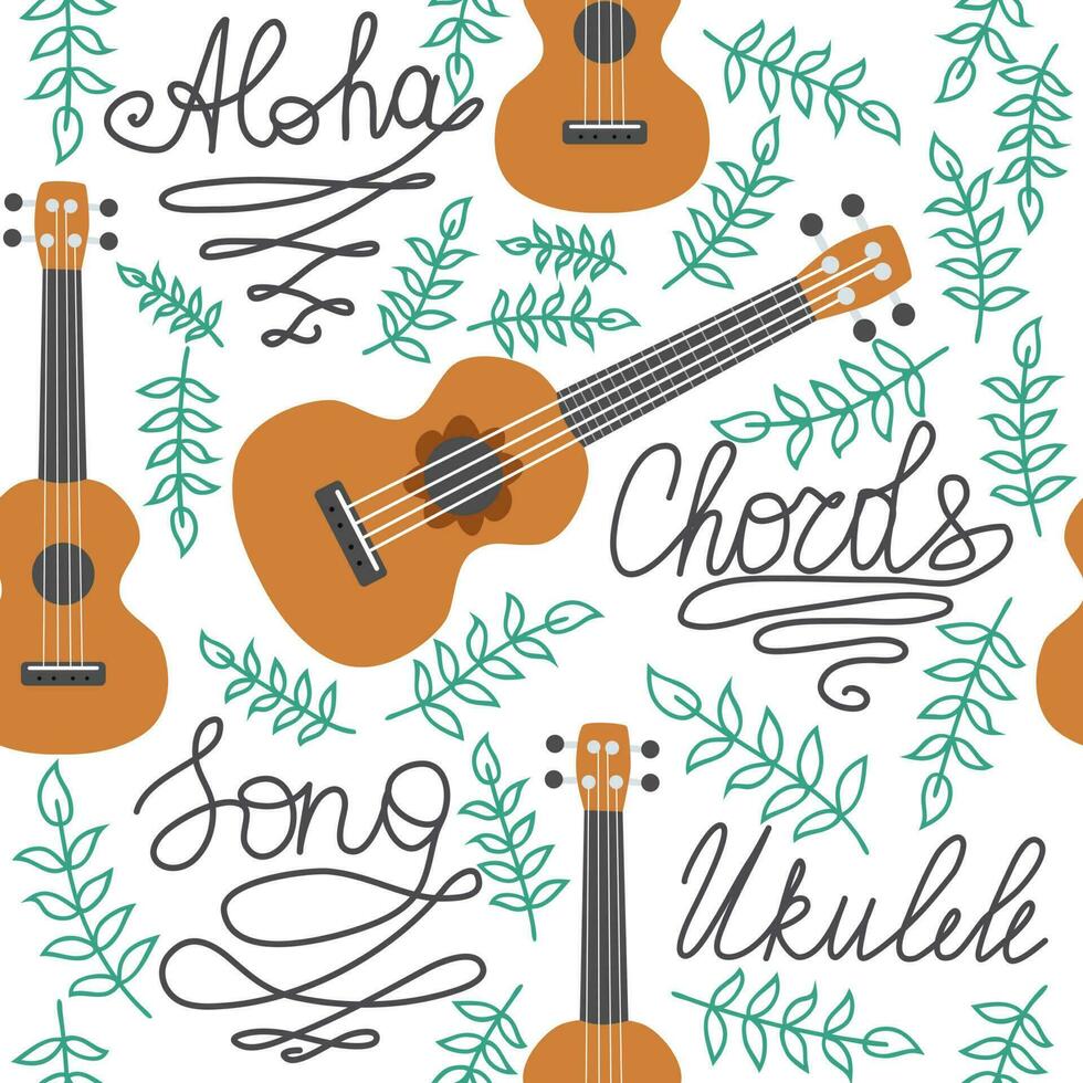 Ukulele nahtlos Muster, Ukulele. Muster mit Monstera, Blätter, Blumen, Anmerkungen, Inschriften vektor