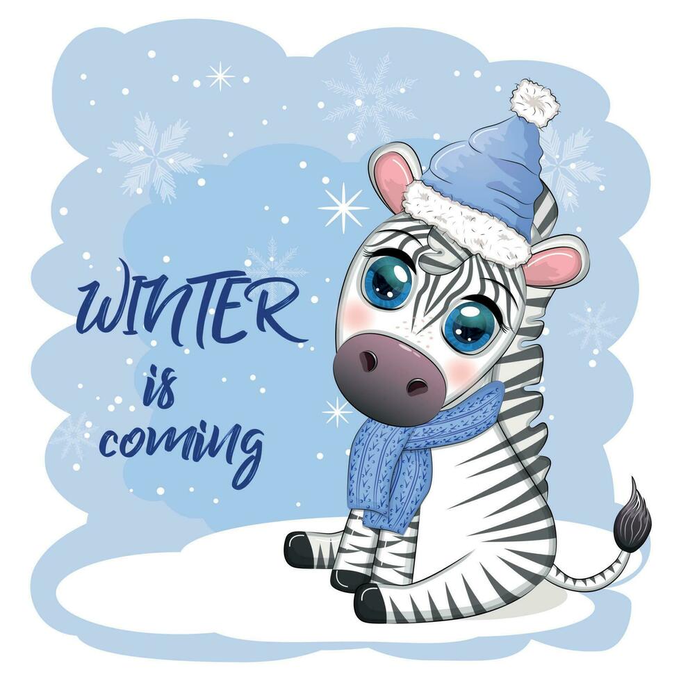 Gruß Karte mit süß Zebra im Santa Hut mit Weihnachten Ball, Süßigkeiten Kane, Geschenk. Tierwelt Ferien Karikatur Charakter. vektor