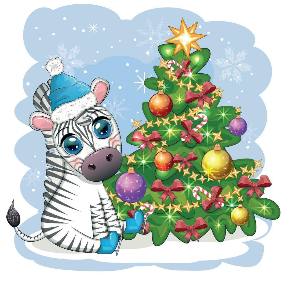 glad jul och Lycklig ny år hälsning kort med söt zebra i santa hatt med jul boll, godis kane, gåva vektor