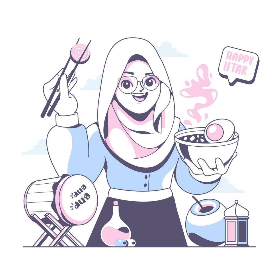 glücklich iftar Konzept islamisch Mädchen Karikatur Charakter vektor