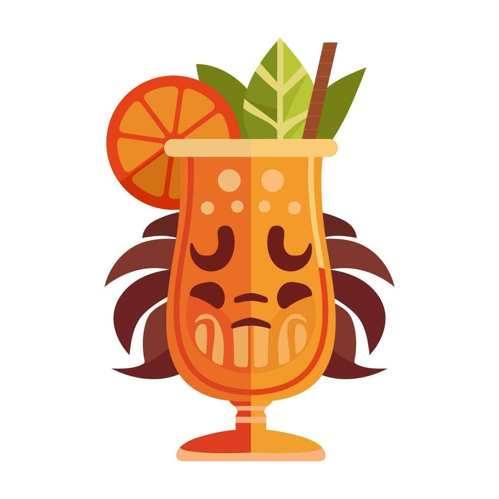 tiki exotisk cocktail i råna med tiki mask. hawaiian traditionell element. isolerat på vit bakgrund. vektor illustration.