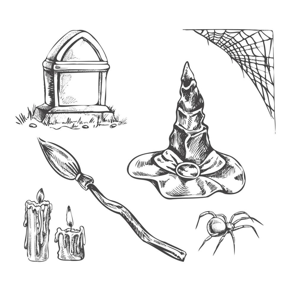 uppsättning av halloween element i skiss stil. hand dragen vektor Spindel webb, Spindel, gravsten, kvast, spetsig hatt och ljus isolerat på vit bakgrund.