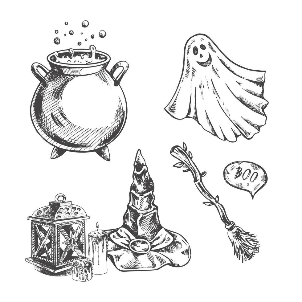 uppsättning av halloween element i skiss stil. hand dragen vektor spetsig hatt, pumpa, kittel, lykta, ljus och spöke isolerat på vit bakgrund.