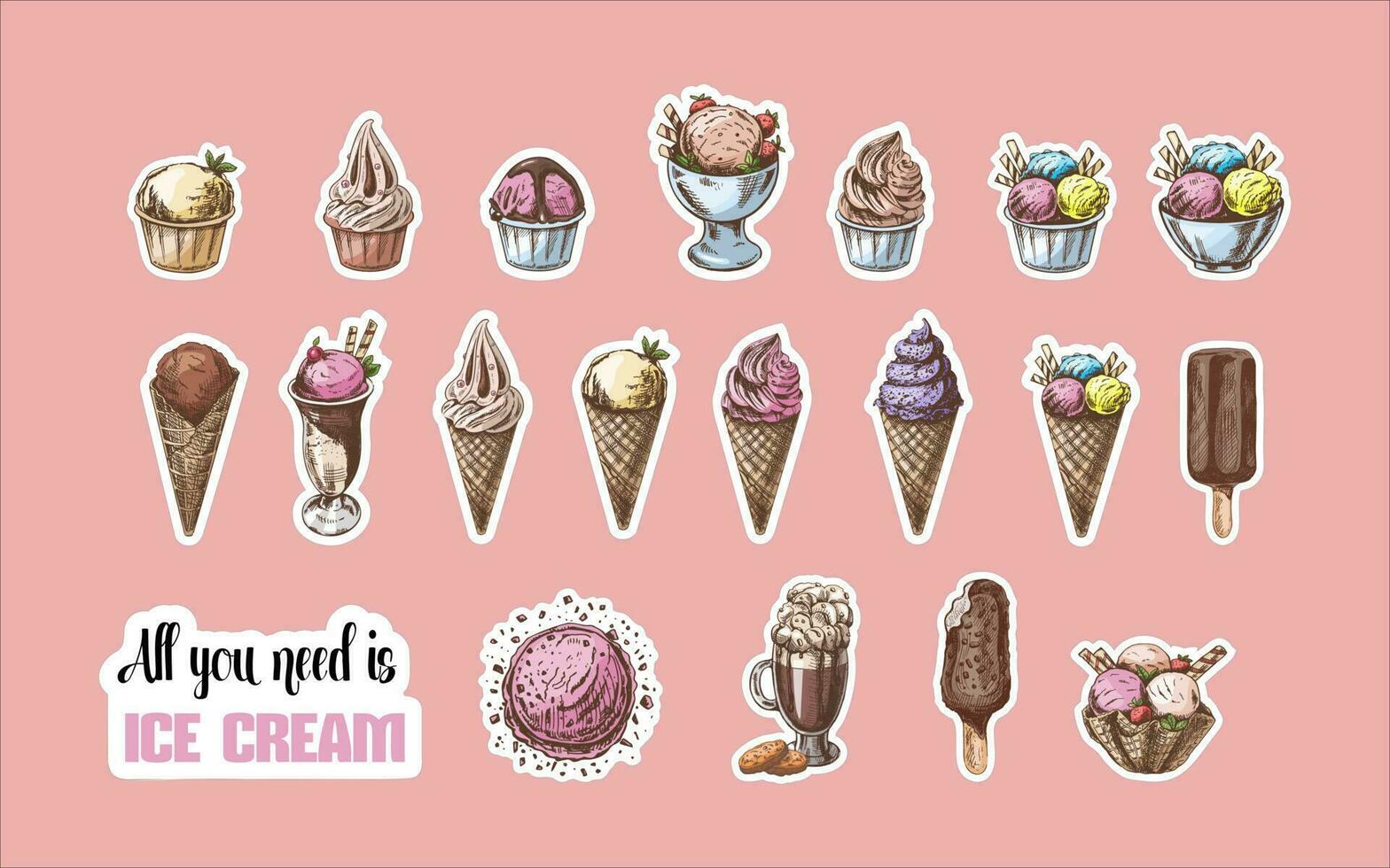 ein handgemalt skizzieren Aufkleber einstellen von ein Waffel Zapfen und Eis Sahne Bälle, gefroren Joghurt, Cupcakes, Cocktail. Jahrgang Illustration. Satz. Element zum das Design. vektor