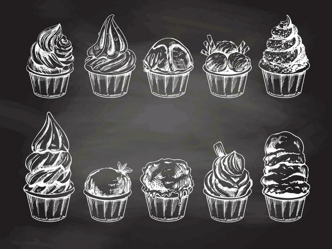 handgemalt skizzieren von Eis Sahne Bälle, gefroren Joghurt oder Cupcakes im Tassen isoliert auf Tafel Hintergrund, Weiß Zeichnung. Satz. Vektor Jahrgang graviert Illustration.