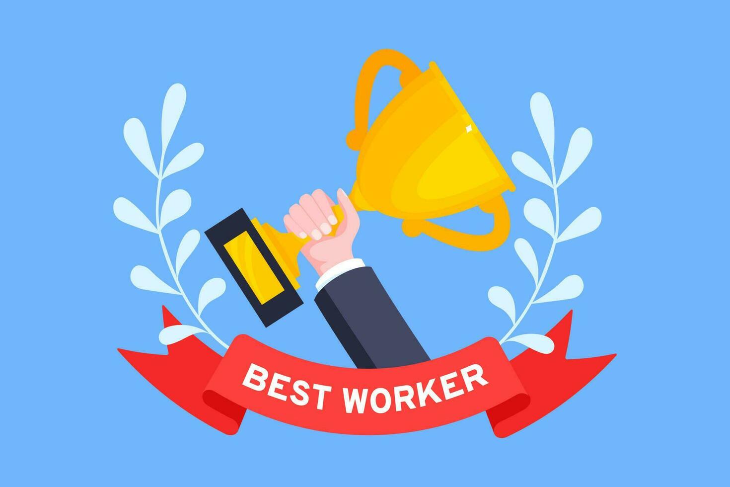bäst arbetstagare anställd vinnare med trofén kopp inuti tilldela band och blommig krans platt stil design vektor illustration.