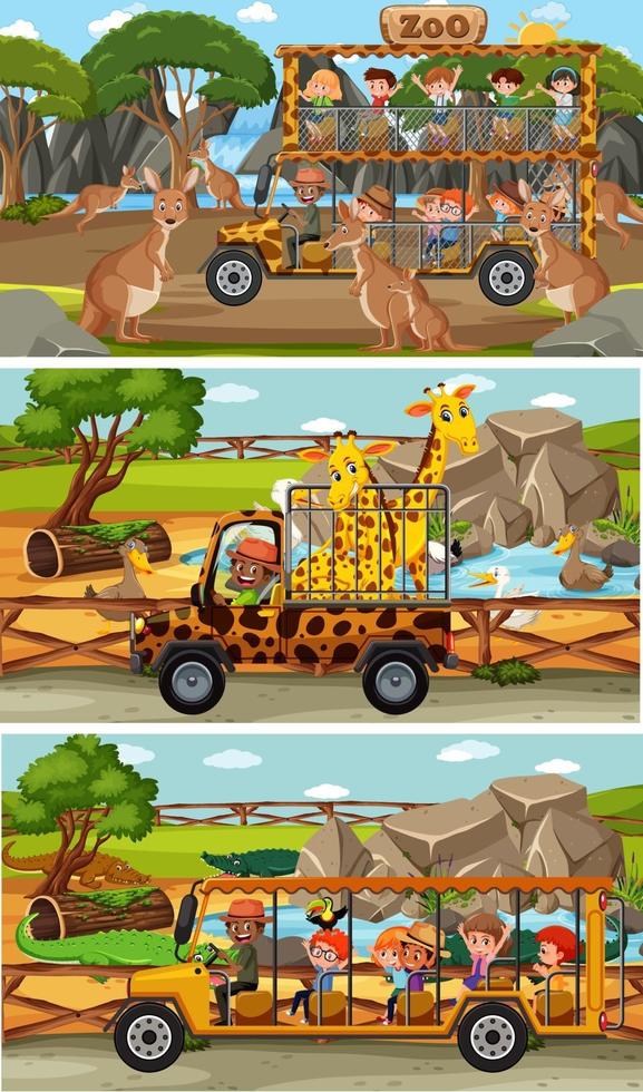 Satz von verschiedenen horizontalen Safari-Szenen mit Tier- und Kinderzeichentrickfigur vektor