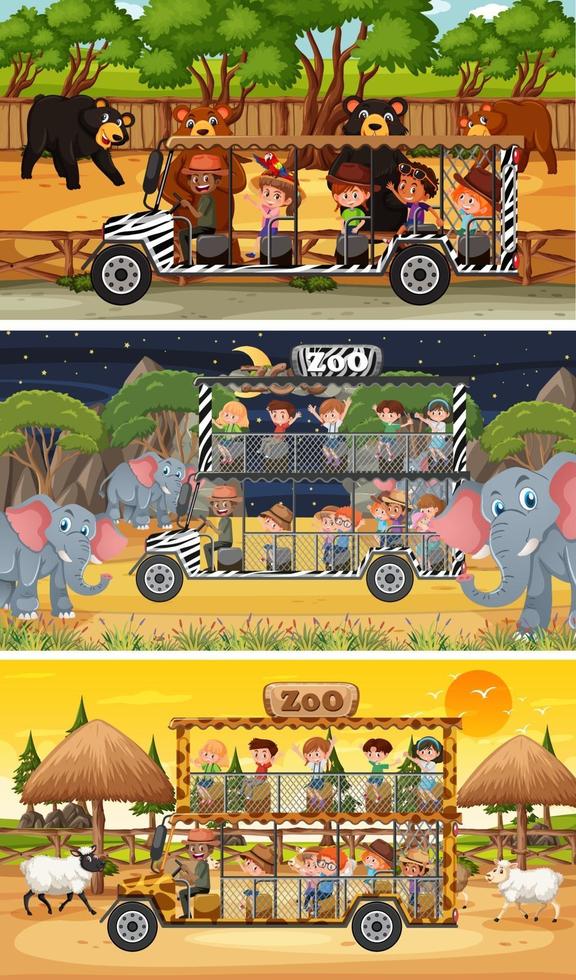 Satz von verschiedenen horizontalen Safari-Szenen mit Tier- und Kinderzeichentrickfigur vektor