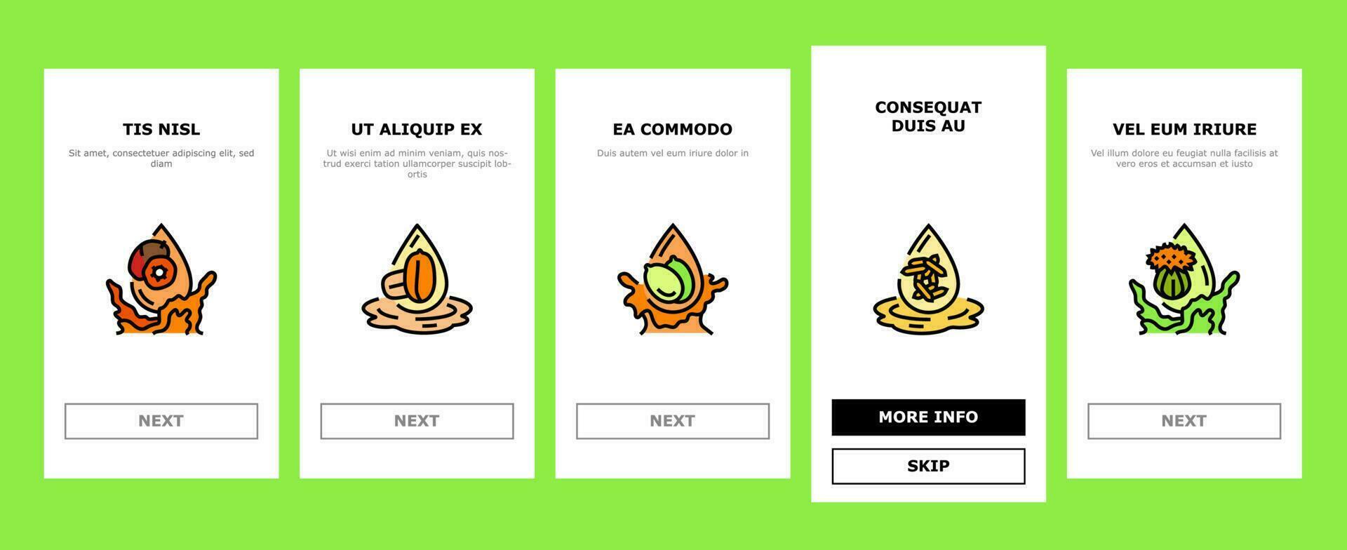 olja flytande gul släppa matlagning onboarding ikoner uppsättning vektor