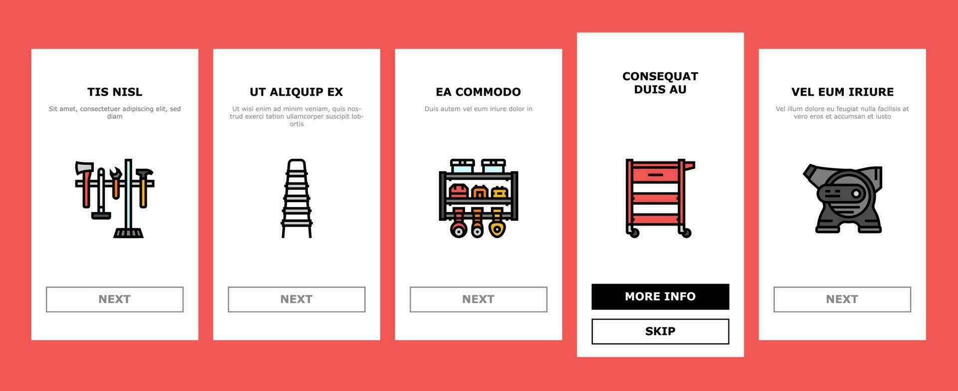 Garage Werkzeuge Bedienung Auto Reparatur Onboarding Symbole einstellen Vektor