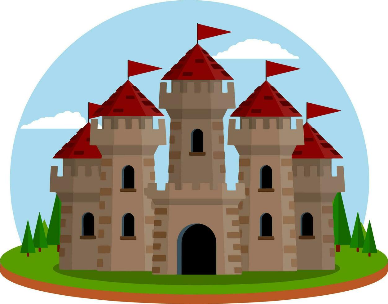 Schloss mit Türmen und Mauern. Verteidigungsbau. mittelalterliche europäische architektur. Heimat von Ritter und König. Schutz und Sicherheit. flaches Symbol für App und Spiel vektor