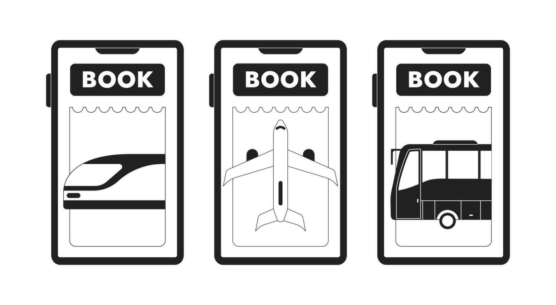 Buchung Bus, Zug, Flugzeug Tickets App einfarbig Konzept Vektor Stelle Illustration Satz. editierbar 2d eben bw Karikatur Objekte zum Netz ui Design. am Bord linear Held Bild Pack