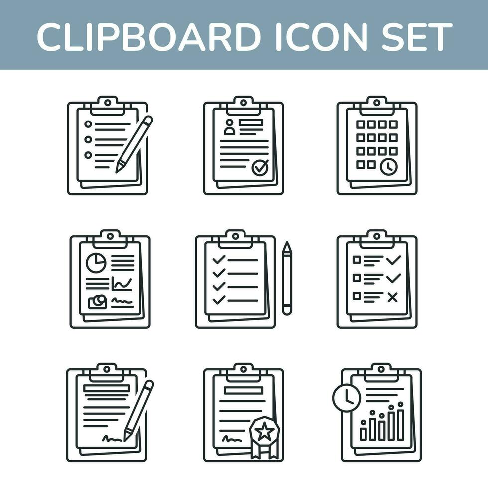 Urklipp och anteckningsblock ikoner uppsättning för checklista, schema, och data spela in. vektor illustration