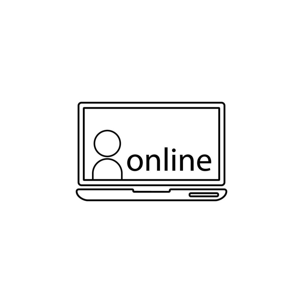 Mann auf Laptop Bildschirm und Wort online Vektor Symbol Illustration